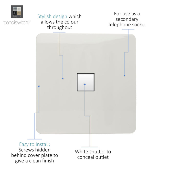 Trendi, Artistic Modern 1 Gang RJ11 Telephone Gloss White Finish, BRITISH MADE, (35mm Back Box Required), 5yrs Warranty • ART-TLPWH