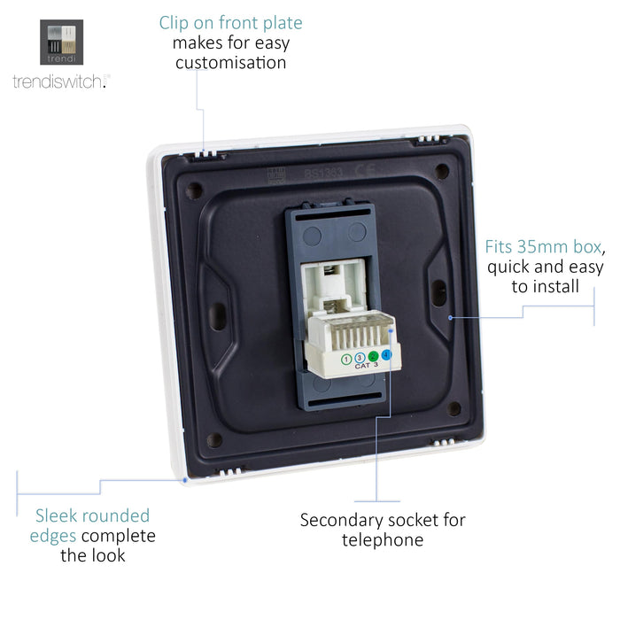 Trendi, Artistic Modern Single PC Ethernet Cat 5 & 6 Data Outlet Sky Finish, BRITISH MADE, (35mm Back Box Required), 5yrs Warranty • ART-PCSK