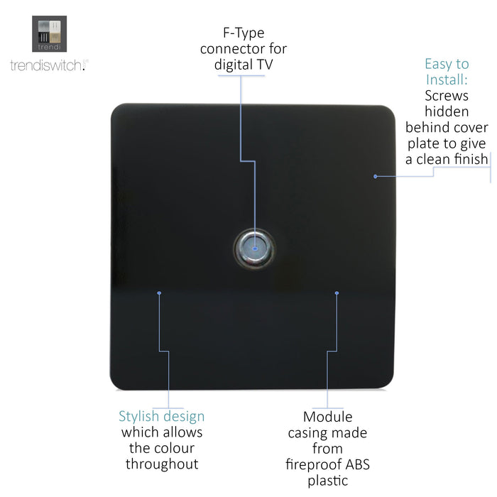 Trendi, Artistic Modern F-Type Satellite 1 Gang Gloss Black Finish, BRITISH MADE, (25mm Back Box Required), 5yrs Warranty • ART-SATBK
