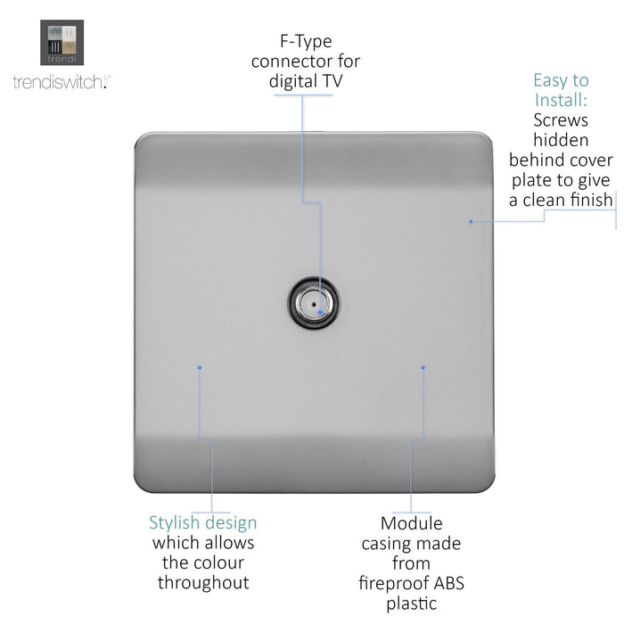 Trendi, Artistic Modern F-Type Satellite 1 Gang Brushed Steel Finish, BRITISH MADE, (25mm Back Box Required), 5yrs Warranty • ART-SATBS