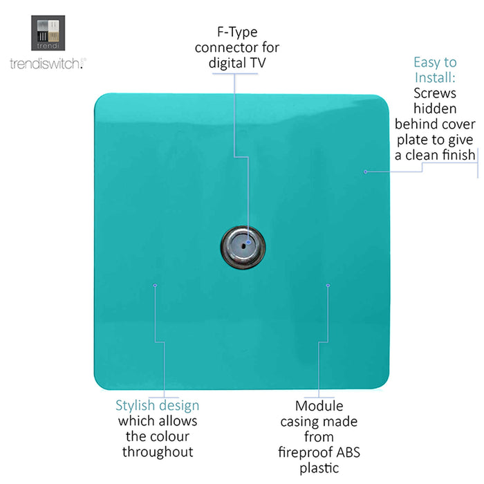 Trendi, Artistic Modern F-Type Satellite 1 Gang Bright Teal Finish, BRITISH MADE, (25mm Back Box Required), 5yrs Warranty • ART-SATBT