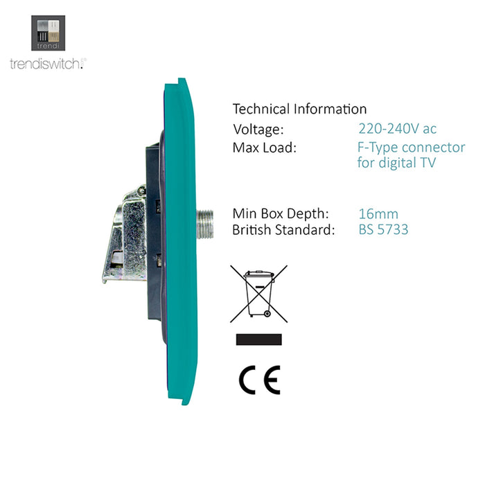 Trendi, Artistic Modern F-Type Satellite 1 Gang Bright Teal Finish, BRITISH MADE, (25mm Back Box Required), 5yrs Warranty • ART-SATBT