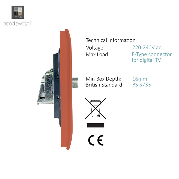 Trendi, Artistic Modern F-Type Satellite 1 Gang Copper Finish, BRITISH MADE, (25mm Back Box Required), 5yrs Warranty • ART-SATCPR