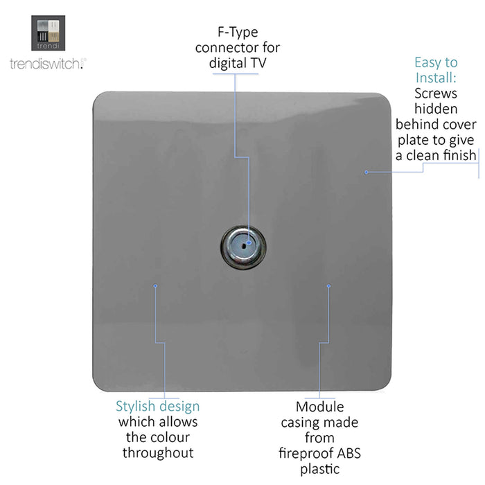 Trendi, Artistic Modern F-Type Satellite 1 Gang Light Grey Finish, BRITISH MADE, (25mm Back Box Required), 5yrs Warranty • ART-SATLG