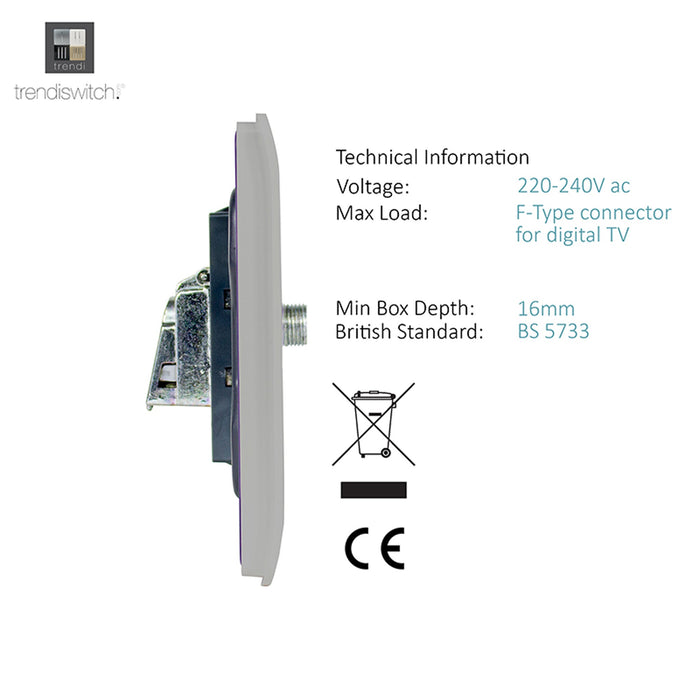 Trendi, Artistic Modern F-Type Satellite 1 Gang Light Grey Finish, BRITISH MADE, (25mm Back Box Required), 5yrs Warranty • ART-SATLG