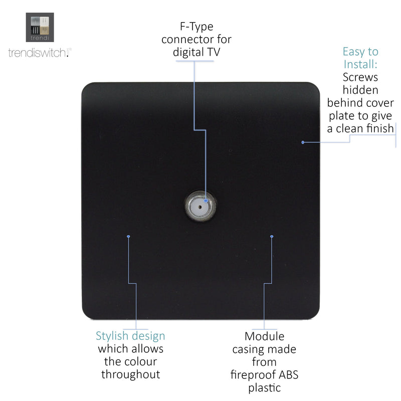 Trendi, Artistic Modern F-Type Satellite 1 Gang Matt Black Finish, BRITISH MADE, (25mm Back Box Required), 5yrs Warranty • ART-SATMBK