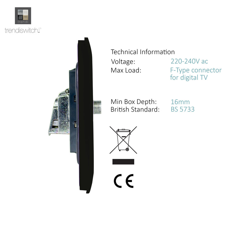 Trendi, Artistic Modern F-Type Satellite 1 Gang Matt Black Finish, BRITISH MADE, (25mm Back Box Required), 5yrs Warranty • ART-SATMBK