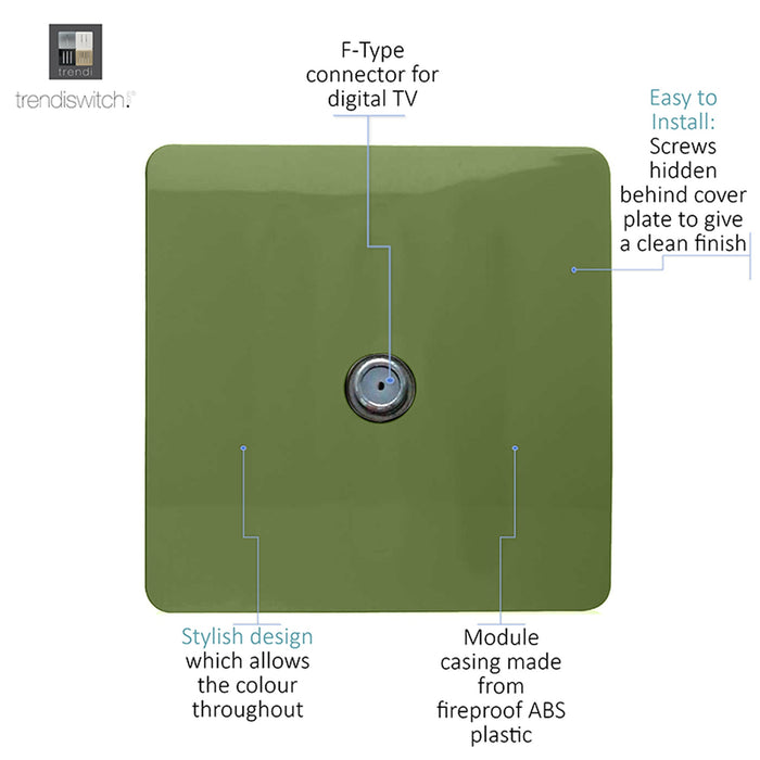 Trendi, Artistic Modern F-Type Satellite 1 Gang Moss Green Finish, BRITISH MADE, (25mm Back Box Required), 5yrs Warranty • ART-SATMG