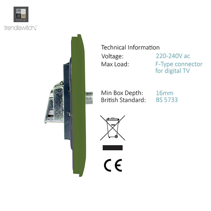 Trendi, Artistic Modern F-Type Satellite 1 Gang Moss Green Finish, BRITISH MADE, (25mm Back Box Required), 5yrs Warranty • ART-SATMG