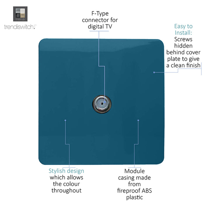 Trendi, Artistic Modern F-Type Satellite 1 Gang Ocean Blue Finish, BRITISH MADE, (25mm Back Box Required), 5yrs Warranty • ART-SATOB