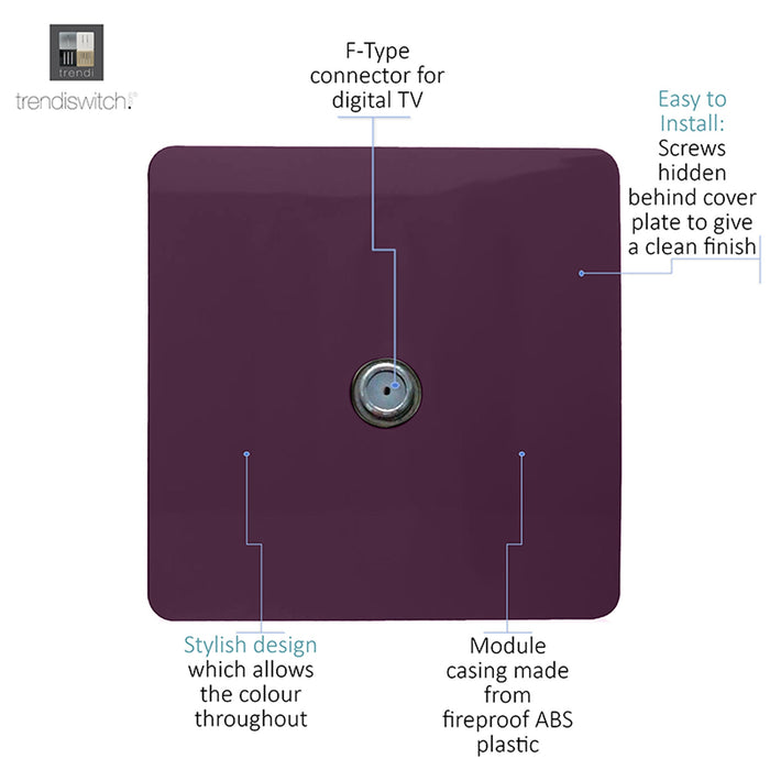 Trendi, Artistic Modern F-Type Satellite 1 Gang Plum Finish, BRITISH MADE, (25mm Back Box Required), 5yrs Warranty • ART-SATPL