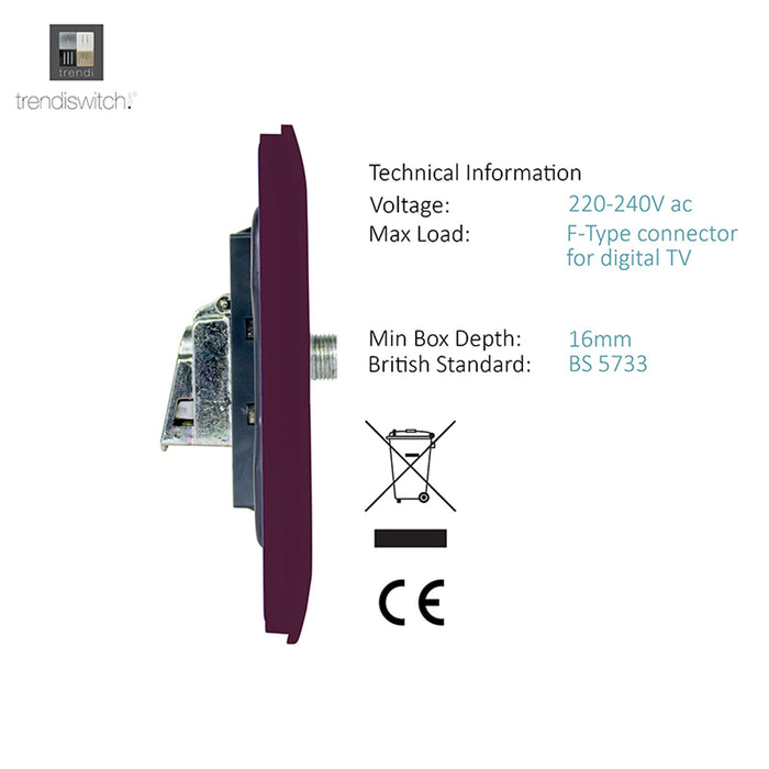 Trendi, Artistic Modern F-Type Satellite 1 Gang Plum Finish, BRITISH MADE, (25mm Back Box Required), 5yrs Warranty • ART-SATPL