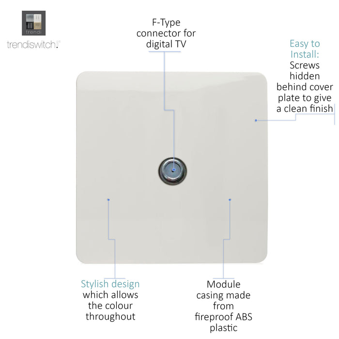 Trendi, Artistic Modern F-Type Satellite 1 Gang Gloss White Finish, BRITISH MADE, (25mm Back Box Required), 5yrs Warranty • ART-SATWH