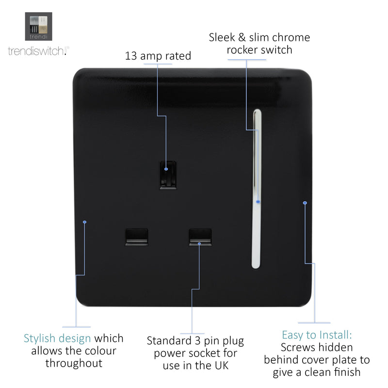 Trendi, Artistic Modern 1 Gang 13Amp Switched Socket Gloss Black Finish, BRITISH MADE, (25mm Back Box Required), 5yrs Warranty • ART-SKT13BK