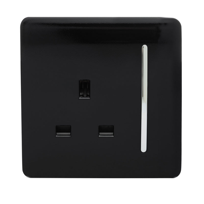 Trendi, Artistic Modern 1 Gang 13Amp Switched Socket Gloss Black Finish, BRITISH MADE, (25mm Back Box Required), 5yrs Warranty • ART-SKT13BK