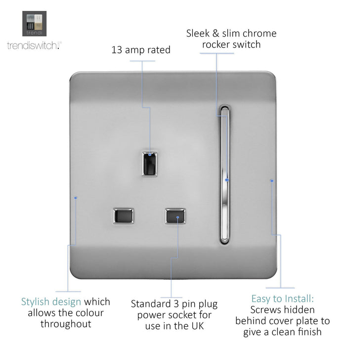 Trendi, Artistic Modern 1 Gang 13Amp Switched Socket Brushed Steel Finish, BRITISH MADE, (25mm Back Box Required), 5yrs Warranty • ART-SKT13BS