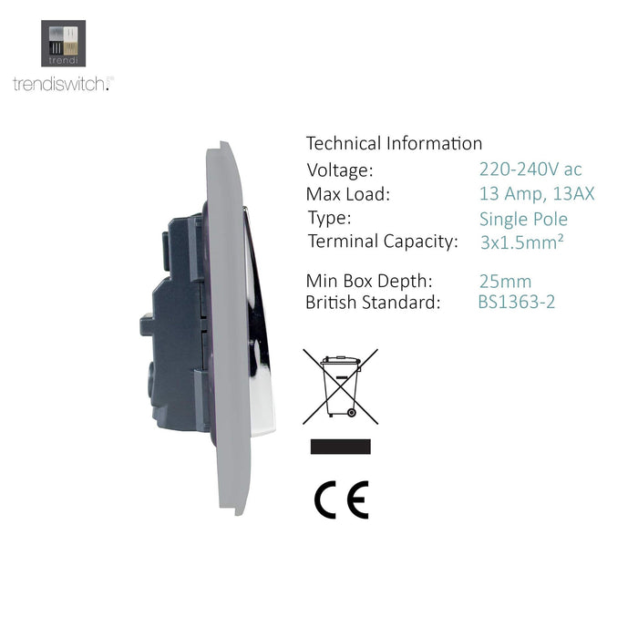 Trendi, Artistic Modern 1 Gang 13Amp Switched Socket Brushed Steel Finish, BRITISH MADE, (25mm Back Box Required), 5yrs Warranty • ART-SKT13BS