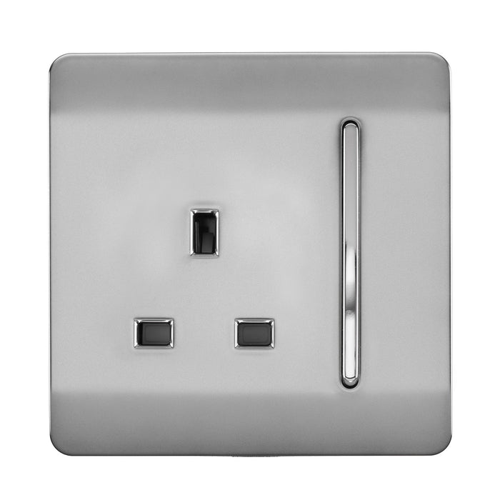 Trendi, Artistic Modern 1 Gang 13Amp Switched Socket Brushed Steel Finish, BRITISH MADE, (25mm Back Box Required), 5yrs Warranty • ART-SKT13BS