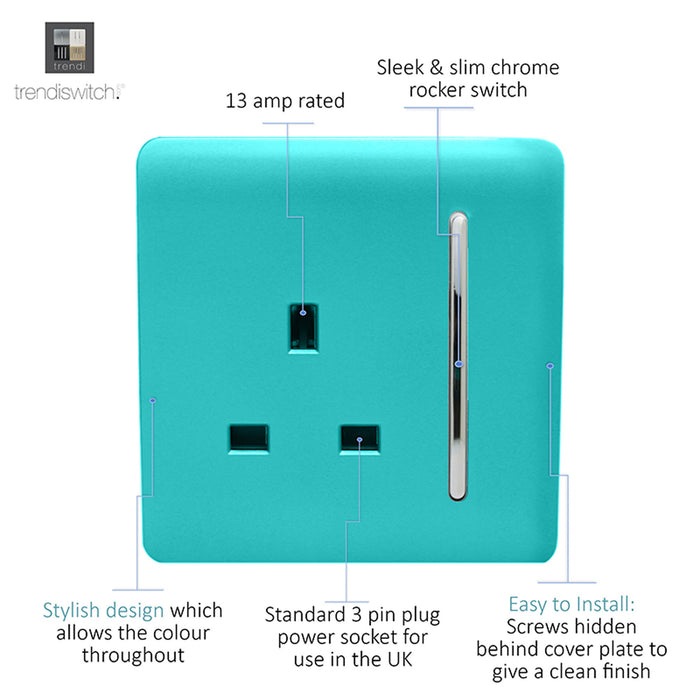 Trendi, Artistic Modern 1 Gang 13Amp Switched Socket Bright Teal Finish, BRITISH MADE, (25mm Back Box Required), 5yrs Warranty • ART-SKT13BT