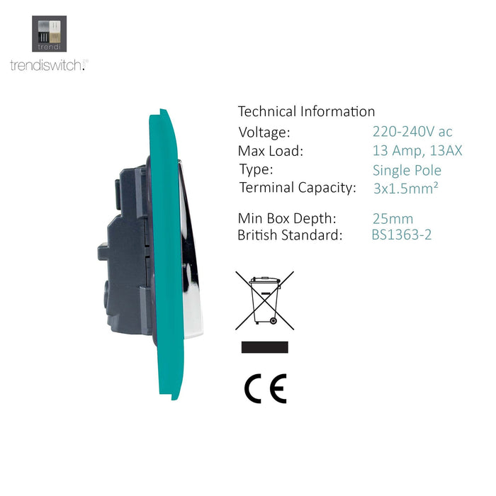 Trendi, Artistic Modern 1 Gang 13Amp Switched Socket Bright Teal Finish, BRITISH MADE, (25mm Back Box Required), 5yrs Warranty • ART-SKT13BT