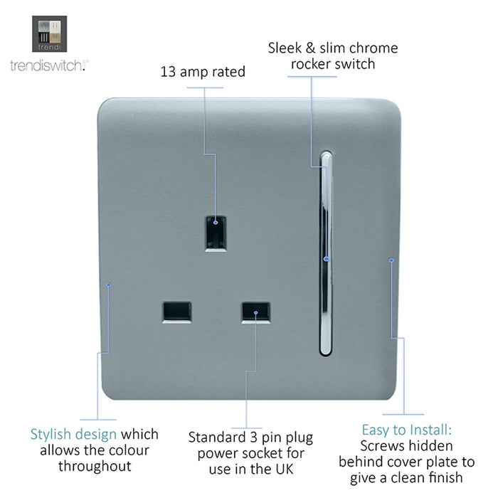 Trendi, Artistic Modern 1 Gang 13Amp Switched Socket Cool Grey Finish, BRITISH MADE, (25mm Back Box Required), 5yrs Warranty • ART-SKT13CG