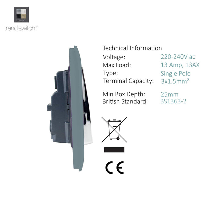 Trendi, Artistic Modern 1 Gang 13Amp Switched Socket Cool Grey Finish, BRITISH MADE, (25mm Back Box Required), 5yrs Warranty • ART-SKT13CG