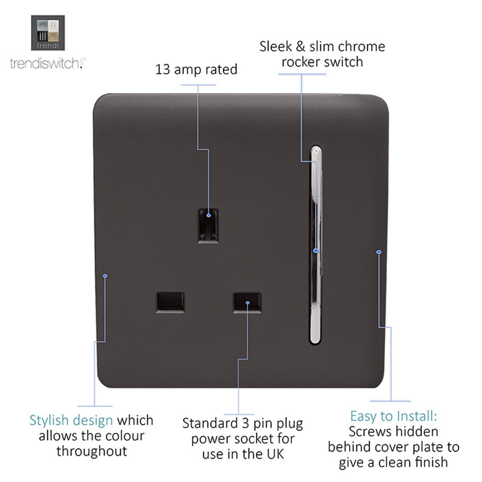 Trendi, Artistic Modern 1 Gang 13Amp Switched Socket Dark Brown Finish, BRITISH MADE, (25mm Back Box Required), 5yrs Warranty • ART-SKT13DB