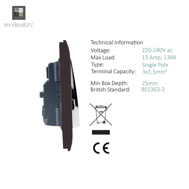 Trendi, Artistic Modern 1 Gang 13Amp Switched Socket Dark Brown Finish, BRITISH MADE, (25mm Back Box Required), 5yrs Warranty • ART-SKT13DB