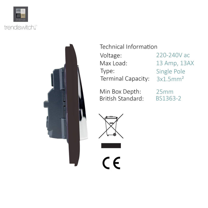 Trendi, Artistic Modern 1 Gang 13Amp Switched Socket Dark Brown Finish, BRITISH MADE, (25mm Back Box Required), 5yrs Warranty • ART-SKT13DB