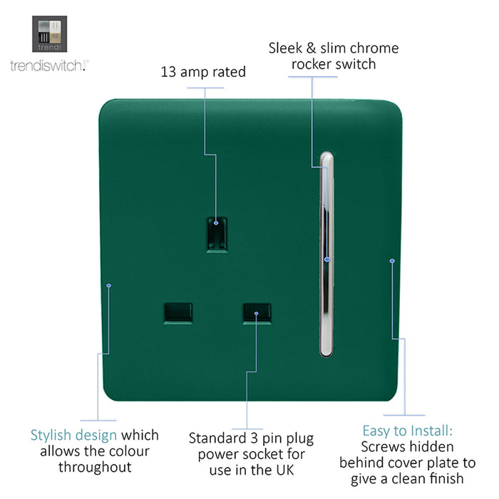 Trendi, Artistic Modern 1 Gang 13Amp Switched Socket Dark Green Finish, BRITISH MADE, (25mm Back Box Required), 5yrs Warranty • ART-SKT13DG