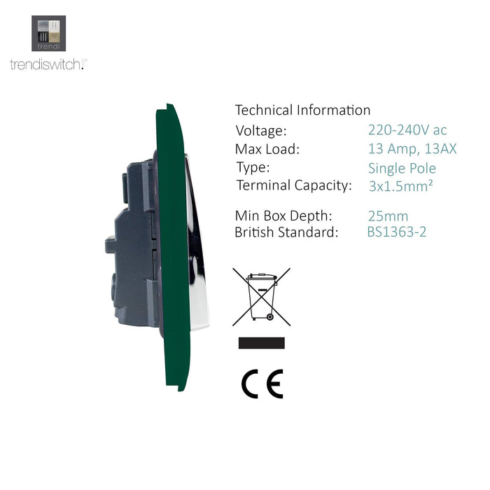 Trendi, Artistic Modern 1 Gang 13Amp Switched Socket Dark Green Finish, BRITISH MADE, (25mm Back Box Required), 5yrs Warranty • ART-SKT13DG