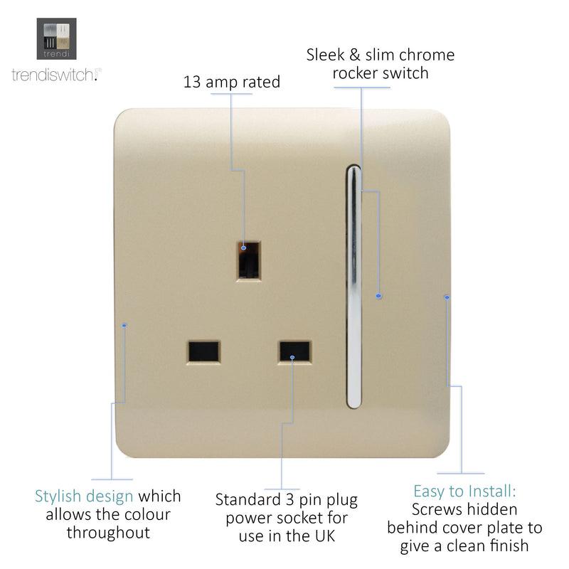 Trendi, Artistic Modern 1 Gang 13Amp Switched Socket Champagne Gold Finish, BRITISH MADE, (25mm Back Box Required), 5yrs Warranty • ART-SKT13GO