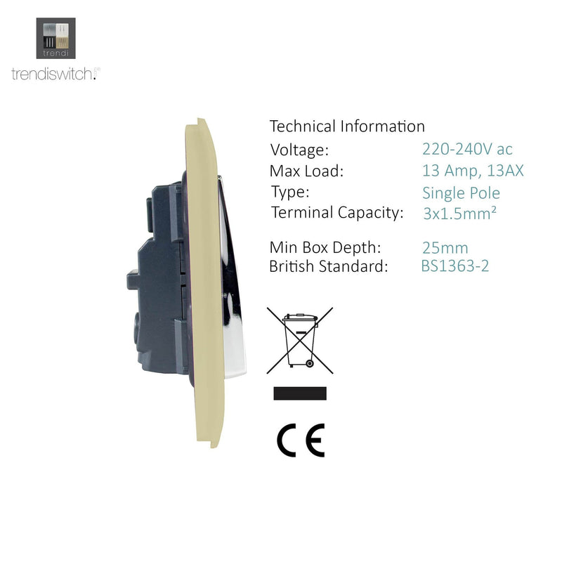 Trendi, Artistic Modern 1 Gang 13Amp Switched Socket Champagne Gold Finish, BRITISH MADE, (25mm Back Box Required), 5yrs Warranty • ART-SKT13GO
