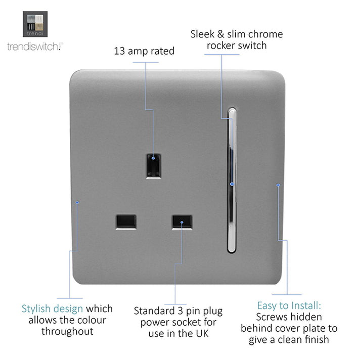 Trendi, Artistic Modern 1 Gang 13Amp Switched Socket Light Grey Finish, BRITISH MADE, (25mm Back Box Required), 5yrs Warranty • ART-SKT13LG