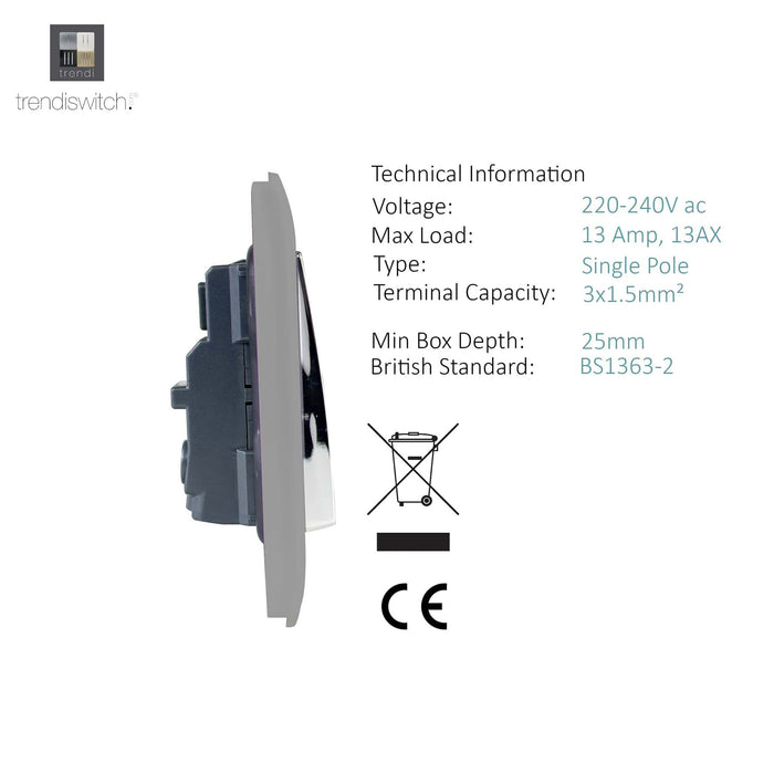 Trendi, Artistic Modern 1 Gang 13Amp Switched Socket Light Grey Finish, BRITISH MADE, (25mm Back Box Required), 5yrs Warranty • ART-SKT13LG