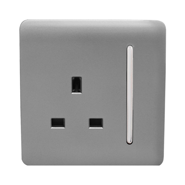 Trendi, Artistic Modern 1 Gang 13Amp Switched Socket Light Grey Finish, BRITISH MADE, (25mm Back Box Required), 5yrs Warranty • ART-SKT13LG