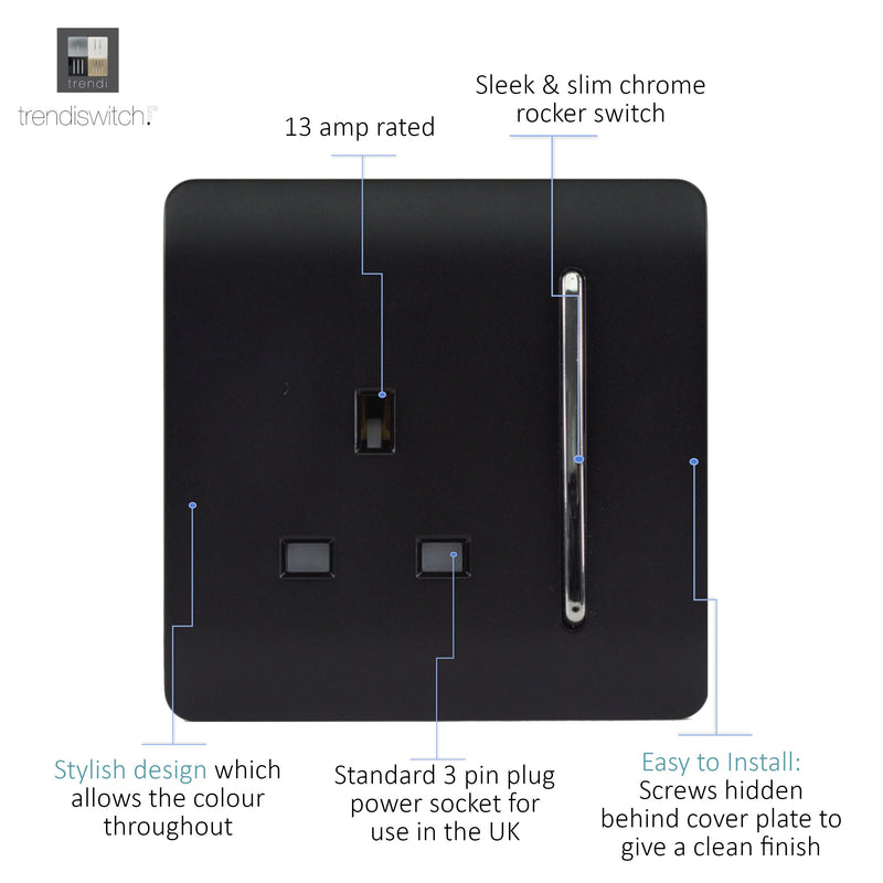Trendi, Artistic Modern 1 Gang 13Amp Switched Socket Matt Black Finish, BRITISH MADE, (25mm Back Box Required), 5yrs Warranty • ART-SKT13MBK
