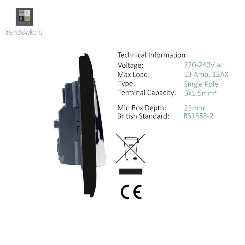 Trendi, Artistic Modern 1 Gang 13Amp Switched Socket Matt Black Finish, BRITISH MADE, (25mm Back Box Required), 5yrs Warranty • ART-SKT13MBK
