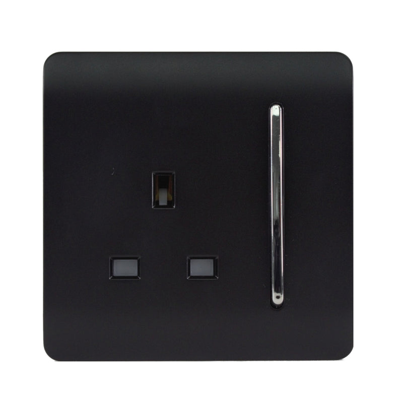 Trendi, Artistic Modern 1 Gang 13Amp Switched Socket Matt Black Finish, BRITISH MADE, (25mm Back Box Required), 5yrs Warranty • ART-SKT13MBK