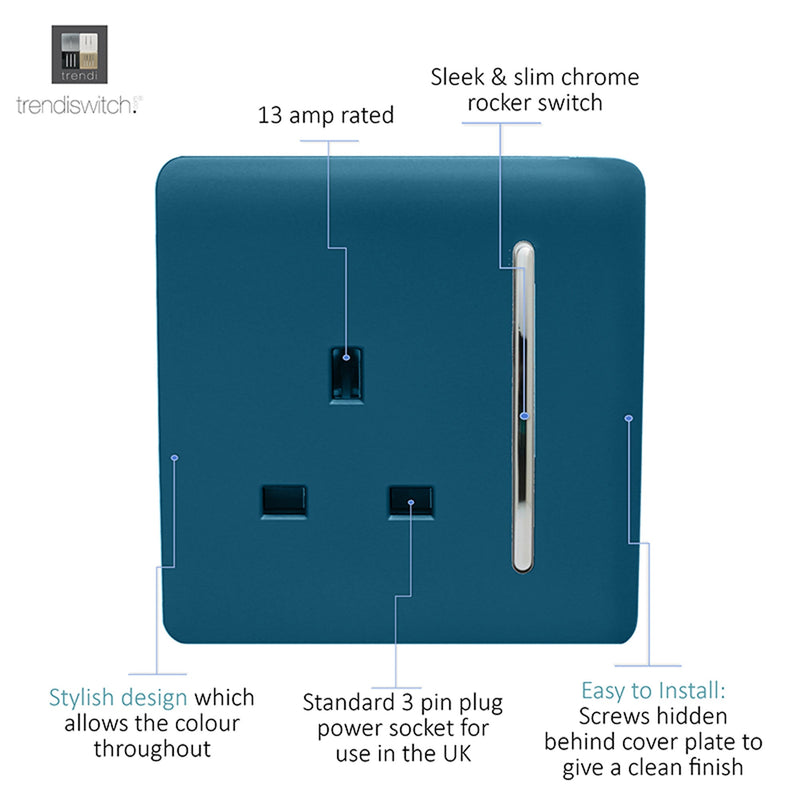 Trendi, Artistic Modern 1 Gang 13Amp Switched Socket Midnight Blue Finish, BRITISH MADE, (25mm Back Box Required), 5yrs Warranty • ART-SKT13MD