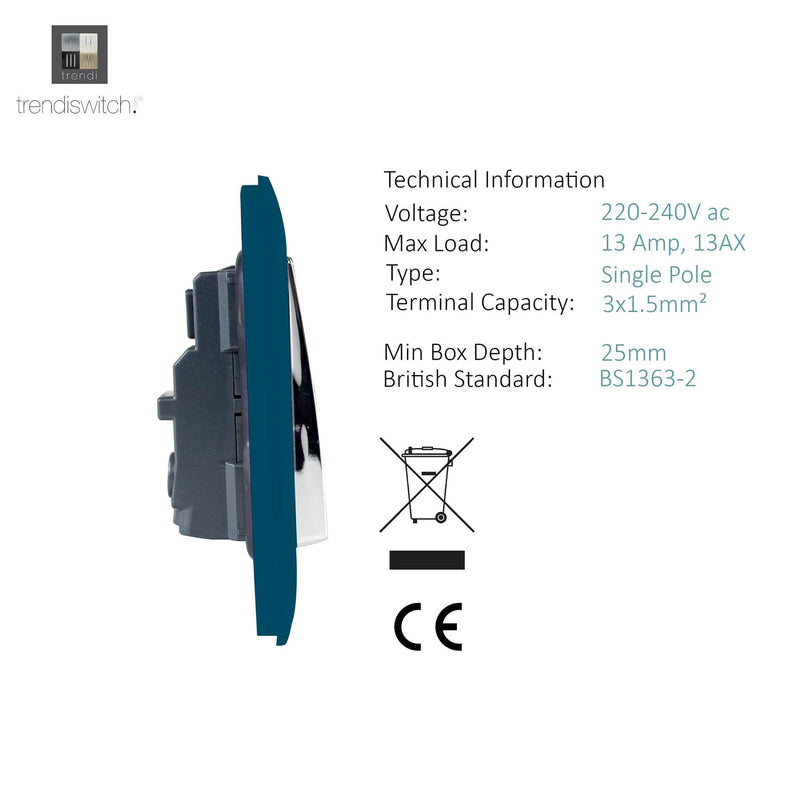 Trendi, Artistic Modern 1 Gang 13Amp Switched Socket Midnight Blue Finish, BRITISH MADE, (25mm Back Box Required), 5yrs Warranty • ART-SKT13MD