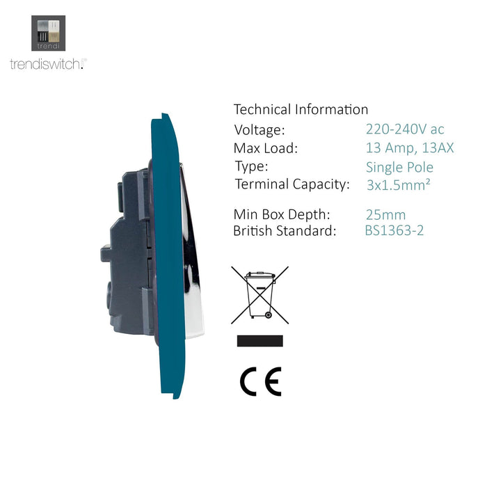 Trendi, Artistic Modern 1 Gang 13Amp Switched Socket Ocean Blue Finish, BRITISH MADE, (25mm Back Box Required), 5yrs Warranty • ART-SKT13OB