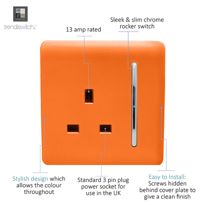 Trendi, Artistic Modern 1 Gang 13Amp Switched Socket Orange Finish, BRITISH MADE, (25mm Back Box Required), 5yrs Warranty • ART-SKT13OR