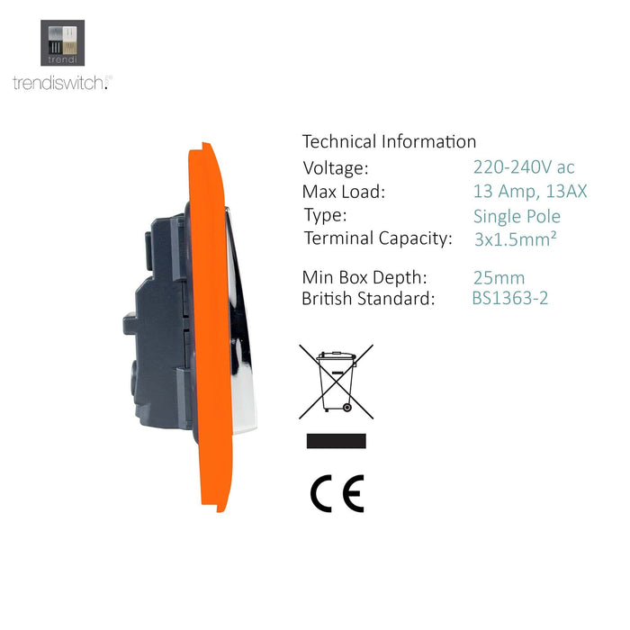 Trendi, Artistic Modern 1 Gang 13Amp Switched Socket Orange Finish, BRITISH MADE, (25mm Back Box Required), 5yrs Warranty • ART-SKT13OR