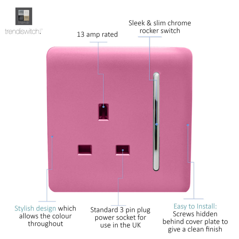 Trendi, Artistic Modern 1 Gang 13Amp Switched Socket Pink Finish, BRITISH MADE, (25mm Back Box Required), 5yrs Warranty • ART-SKT13PK