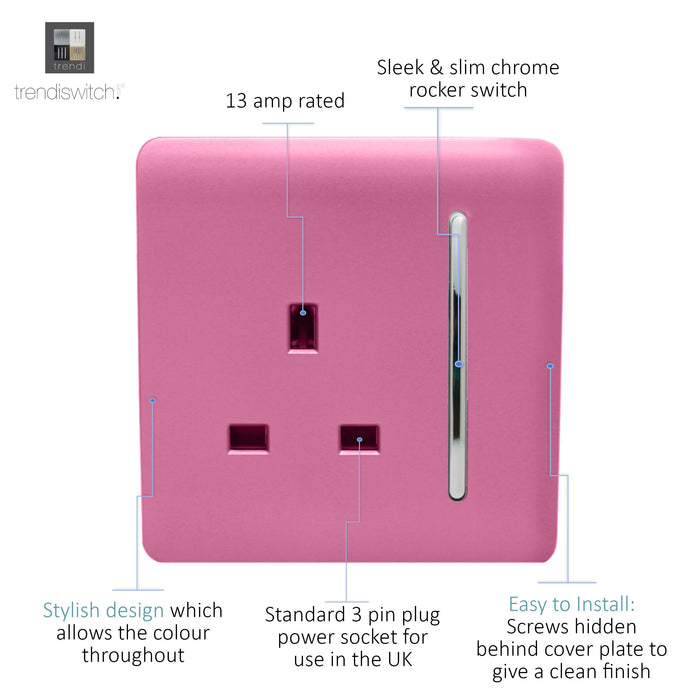 Trendi, Artistic Modern 1 Gang 13Amp Switched Socket Pink Finish, BRITISH MADE, (25mm Back Box Required), 5yrs Warranty • ART-SKT13PK