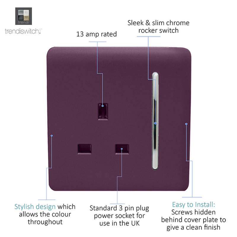 Trendi, Artistic Modern 1 Gang 13Amp Switched Socket Plum Finish, BRITISH MADE, (25mm Back Box Required), 5yrs Warranty • ART-SKT13PL