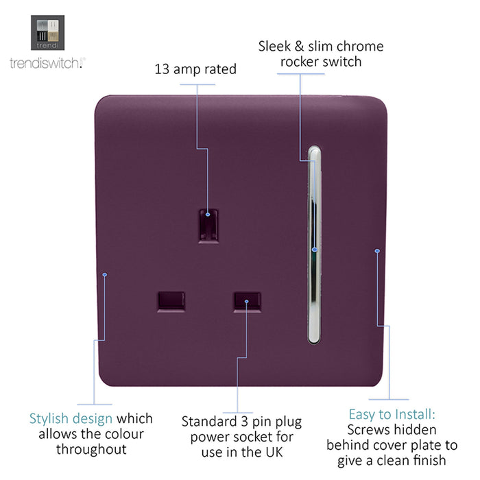 Trendi, Artistic Modern 1 Gang 13Amp Switched Socket Plum Finish, BRITISH MADE, (25mm Back Box Required), 5yrs Warranty • ART-SKT13PL