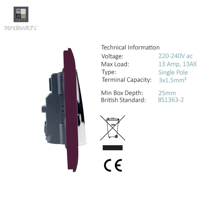 Trendi, Artistic Modern 1 Gang 13Amp Switched Socket Plum Finish, BRITISH MADE, (25mm Back Box Required), 5yrs Warranty • ART-SKT13PL