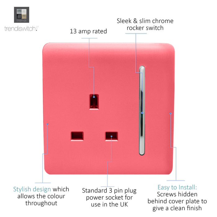 Trendi, Artistic Modern 1 Gang 13Amp Switched Socket Strawberry Finish, BRITISH MADE, (25mm Back Box Required), 5yrs Warranty • ART-SKT13SB